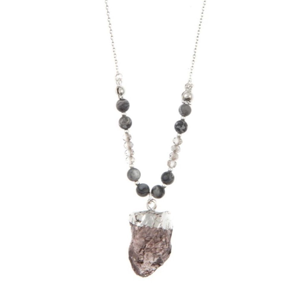 Jewel Stone Necklace Silver Women Pendant Bead Jewelry Earring Gray Graphite NWT